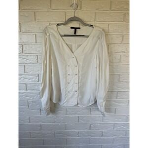 BCBG Maxazria Upper East Side Blouse | Cream Satin Feel V-Neck Size M